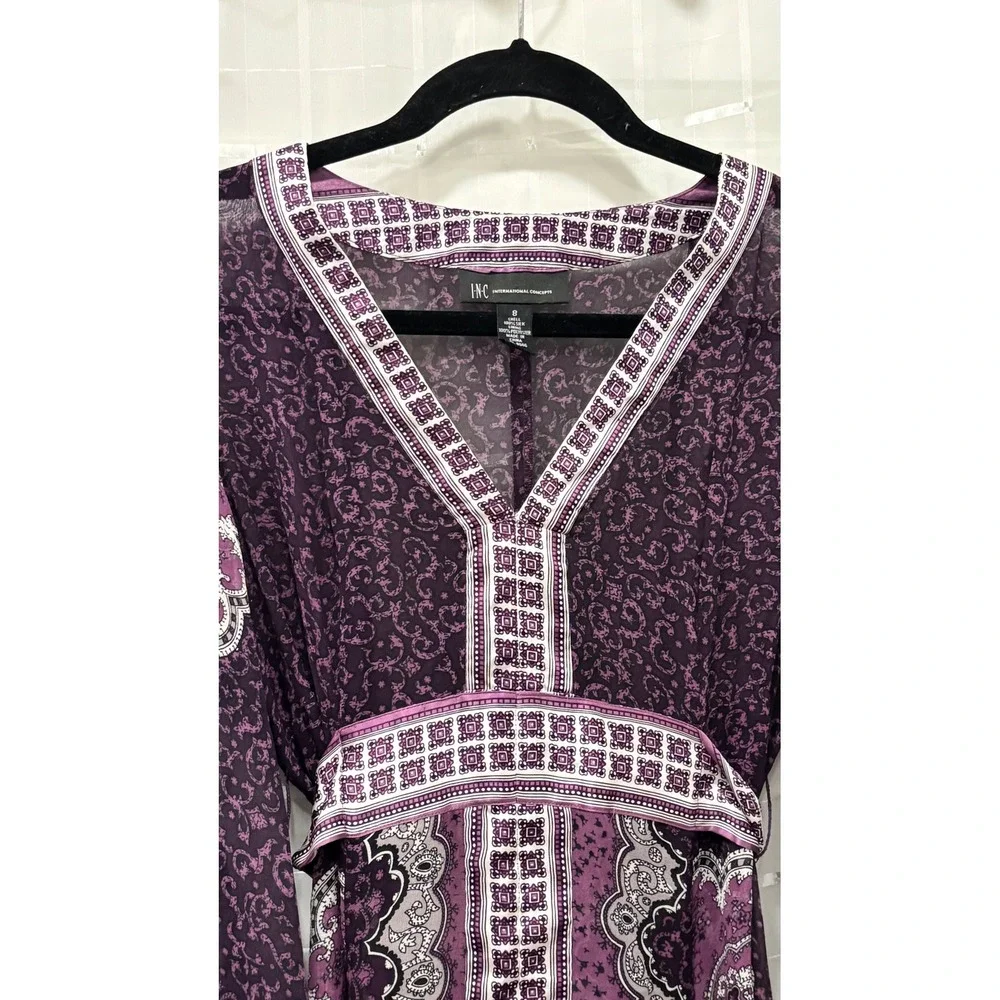 INC International Concepts Silk Purple Paisley V-Neck Bell Sleeve Tunic Dress 8